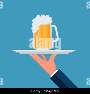 A hand holding tray with beers, ready to serve Eps 10 Stock Vector