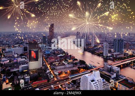 fireworks display over Bangkok happy new year Stock Photo