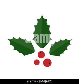 Three holly leaves with three red berries. Merry Christmas inspiration. Vector illustration, flat design Stock Vector