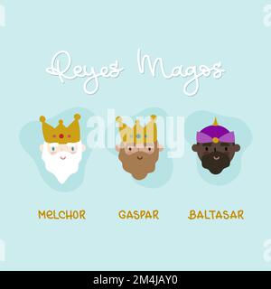 Three Kings Day in Spanish. Reyes Magos. Melchor, Gaspar, Baltasar. Merry Christmas inspiration. Vector illustration, flat design Stock Vector