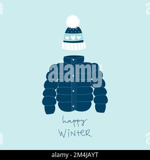 Happy Winter. Coat and wool hat for cold weather. Vector illustration, flat design Stock Vector