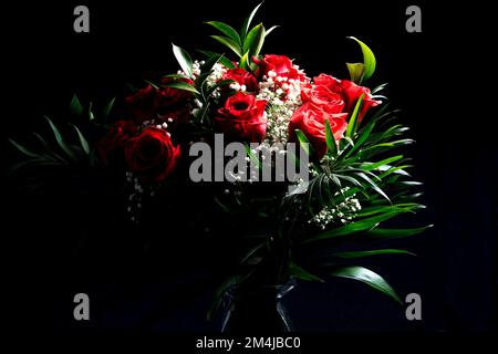 Close up. Bouquet of red roses flowers isolated on black background. Stock Photo