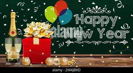 Happy New Year party decoration chalkboard background with gift box surrounded by champagne, glasses and baubles on wood table with balloons. string l Stock Photo