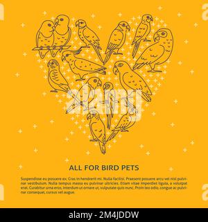 Pet shop banner with parrot icons in colored line style. Poster or flyer template with tropical birds symbols. Vector illustration. Stock Vector