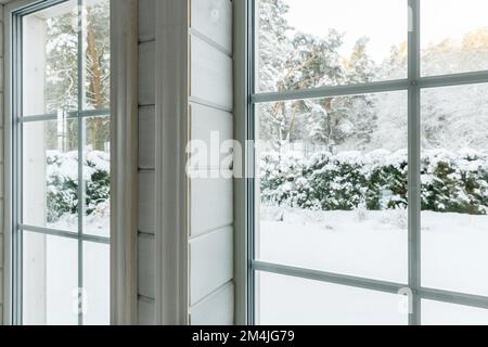 Home vinyl insulated windows with winter view of snowy trees and plants Stock Photo