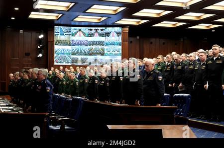 Moscow, Russia. 21st Dec, 2022. Russian military leaders stand at the start of the expanded meeting of the Russian Defence Ministry Board at the National Defence Control Centre, December 21, 2022 in Moscow, Russia. Credit: Mikhail Klimentyev/Kremlin Pool/Alamy Live News Stock Photo