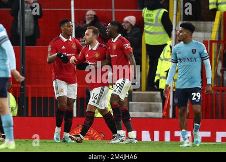 Manchester, England, 21st December 2022.  Christian Eriksen of Manchester United celebrates scoring the first goal during the Carabao Cup Fourth Round match at Old Trafford, Manchester. Picture credit should read: Darren Staples / Sportimage Stock Photo