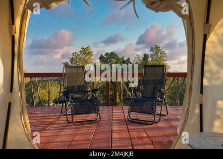 The two folding deck chairs at the campsite Stock Photo
