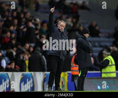 Steve Cooper manager of Nottingham Forest gives the fans the thumbs up as they chant his name during the Carabao Cup Fourth Round match Blackburn Rovers vs Nottingham Forest at Ewood Park, Blackburn, United Kingdom, 21st December 2022  (Photo by Mark Cosgrove/News Images) Stock Photo