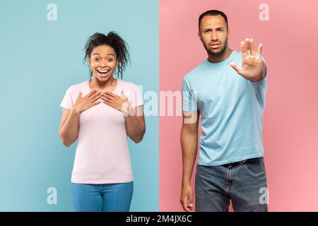Impressed black lady feeling excited, keeping hands on chest, man making stop gesture, pink and blue studio wall Stock Photo