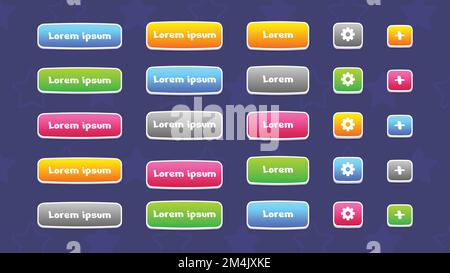 GUI Kit casual Assets for a game mobile phone. Set of buttons with different colors and shapes for game and app design. Vector UI objects. Vector Stock Vector