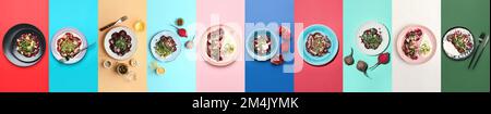 Collage of delicious beetroot carpaccio on color background, top view Stock Photo
