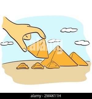 hand holding pyramid of egypt illustration vector hand drawn isolated on white background line art. Stock Vector