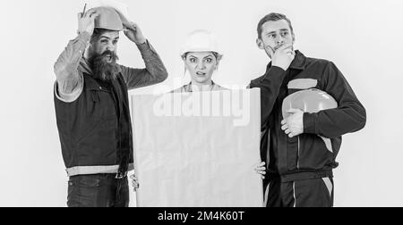 Builder, engineer, architect confuse at work. Confusing concept. Men ...