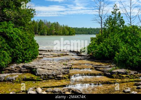 Waterfall in stream flowing out of Cyprus Lake, Bruce Peninsula National Park, The Grotto trail, Greater Sudbury, Ontario, Canada Stock Photo