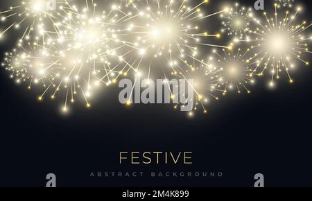 Festive background with brightly fireworks shining sparks. Firecrackers and celebration lights in night sky. Xmas and happy new year salute. Realistic Stock Vector