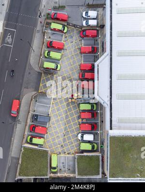 Mail delivery vans are parked at Royal Mail Islington Delivery Office. Royal Mail workers are striking today.   Image shot on 9th Dec 2022.  © Belinda Stock Photo