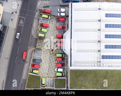 Mail delivery vans are parked at Royal Mail Islington Delivery Office. Royal Mail workers are striking today.   Image shot on 9th Dec 2022.  © Belinda Stock Photo