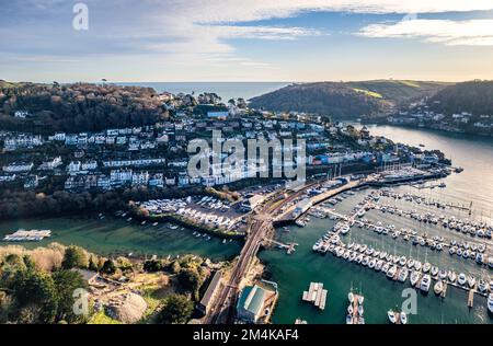 Dartmouth Steam Railway and River Dart from a drone, Kingswear, Devon, England, Europe Stock Photo