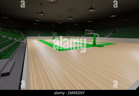 A neat empty basketball court with green seats and sidelines Stock Photo