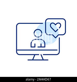 User profile on a computer monitor with like message. Pixel perfect, editable stroke line icon Stock Vector