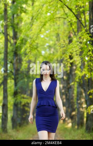 Female in blue dress walking along autumn linden tree alley. Path under yellow trees with falling autumn leaves. Sunny autumn day. The rays of the sun Stock Photo