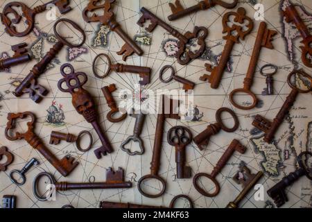 Sketeton Keys On Old Piraate Map Still Life Stock Photo