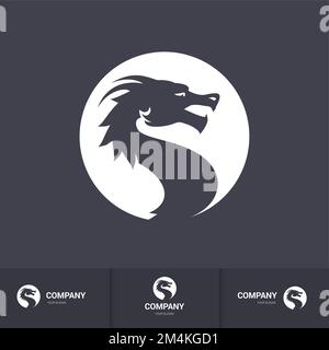 Dragon Head in Circle. Logos Design Concepts, for Your Company or Brand Identity in Dark-Gray and White Color Stock Vector