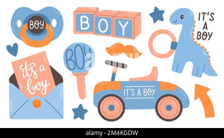 Baby shower Its a boy. Vector illustration for baby boy shower and baby items. Stock Vector