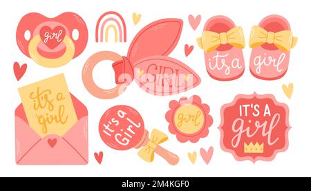Baby girl shower party. Vector set of design elements. Pink and yellow cute collection. Baby shower invitation Stock Vector