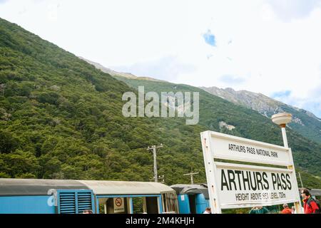 Arthurs Pass New Zealand - February 24 2010; Editorial Arthurs Pass sign at railway station in National Park. Stock Photo