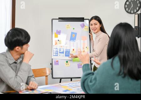Team of professional mobile application designer and developer are in the meeting, discussing and brainstorming the interface design. UX,UI concept Stock Photo