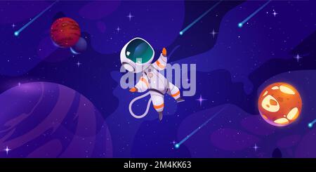 Cute astronaut flying in cosmos with alien planets, comets and stars. Cosmonaut in spacesuit on background of dark outer space landscape with planets and asteroids, vector cartoon illustration Stock Vector