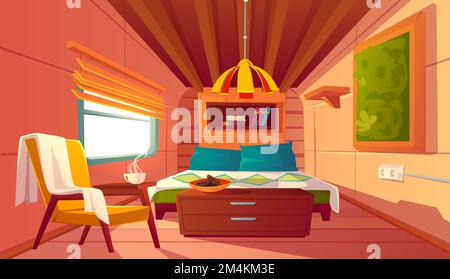 Camper interior with bed, bookshelves, chair and nightstand. Empty modern trailer car. Vector cartoon bedroom in camping van with cozy furniture. Minibus for travel and vacation inside Stock Vector