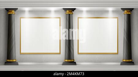 Museum interior in antique castle with blank paintings in golden frames illuminated by spotlights. Vector realistic empty gallery room with black marble columns Stock Vector
