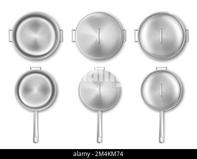 Metal cooking pot and frying pan top view. Vector realistic mockup of empty steel saucepan and skillet with handles and lid. Stainless casserole, kitchen utensil isolated on white background Stock Vector