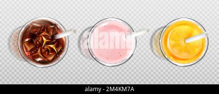 Glass of orange juice, cola and milkshake with straws top view. Vector realistic set of cold drinks in glass cups, strawberry cocktail, soda with ice and fruit juice isolated on transparent background Stock Vector
