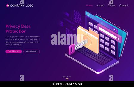 Privacy data protection banner. GDPR concept. Vector landing page of digital security of personal data, safety confidential information with isometric laptop with lock on folder, shield and key Stock Vector