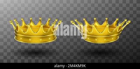 Golden crowns for king or queen set isolated on transparent background. Crowning headdress for Monarch. Royal gold monarchy medieval coronation symbol, imperial sign. Realistic 3d vector illustration Stock Vector