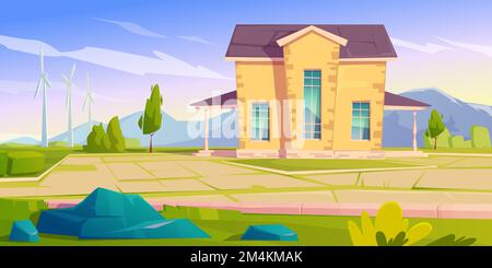 House and wind turbines. Eco friendly power generation, green energy concept. Vector cartoon landscape with mountains on background, modern cottage and windmills Stock Vector