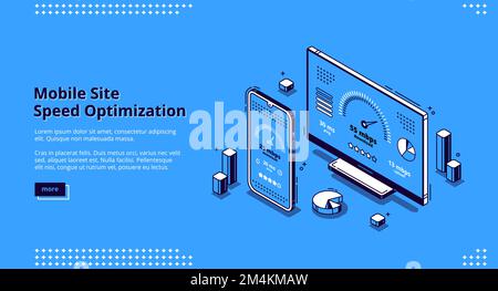 Mobile site speed optimization isometric landing page. Smartphone and computer desktop with speedometer on screen. Internet page quick traffic loading, engine plugin test 3d vector line art web banner Stock Vector