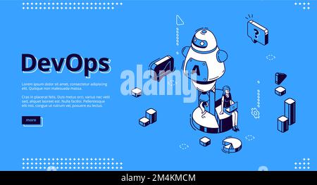 DevOps banner. Concept of development operations, communication of programmers and engineers. Vector landing page of work processes integration with isometric working woman, chart and chatbot Stock Vector