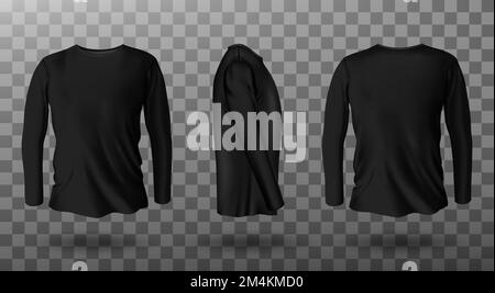 Long sleeve t-shirt for man front, side and back view. Vector realistic mockup of male black tee, sweater, sport or casual apparel with round neck isolated on transparent background Stock Vector