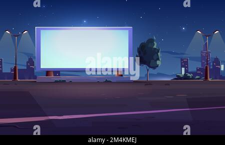 Blank billboard display on roadside with glowing street lamps on night cityscape background. Empty white LCD screen for advertising video presentation, outdoor cinema. Cartoon vector illustration Stock Vector
