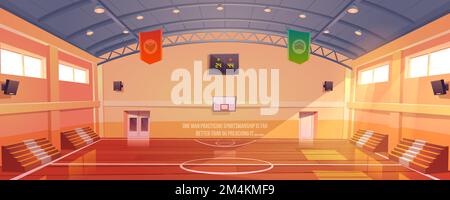 Basketball court with hoop, tribune and scoreboard. Vector cartoon illustration of empty school gym, sport ground with wooden floor, fan seats for game tournament and competition Stock Vector