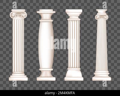 Ancient roman columns, marble architecture decor. Vector realistic antique greek white pillars with capitals in doric, corinthian, ionic and tuscan style isolated on transparent background Stock Vector