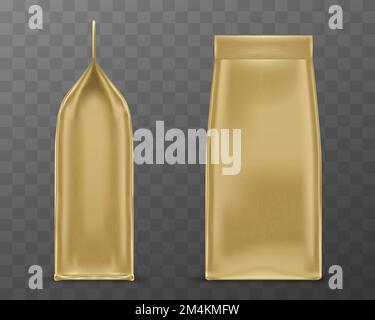 Golden doy pack, pouch paper or foil bag side and front view. Sachet with clip isolated on transparent background. Food or cosmetics product blank package mock up. Realistic 3d vector illustration Stock Vector