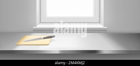 Kitchen steel table with wooden cutting board and knife. Vector realistic illustration of clean metal table surface near window. Kitchenware for cooking, plank for cut food Stock Vector