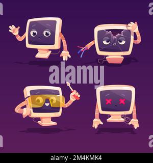 Computer repair. Cute pc desktop character with broken screen and arm, protective glasses and screwdriver. Vector cartoon mascot for electronic device repairment service isolated on purple background Stock Vector
