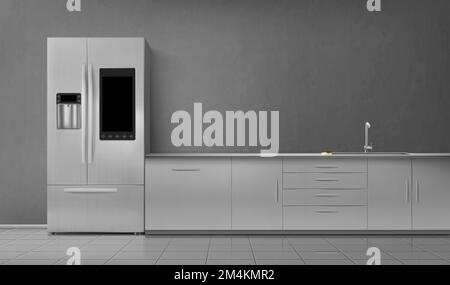 Kitchen interior with smart fridge and sink on tabletop front view. Empty room with household appliances, refrigerator and desk on gray wall and tiled floor. Modern design, realistic 3d vector mockup Stock Vector